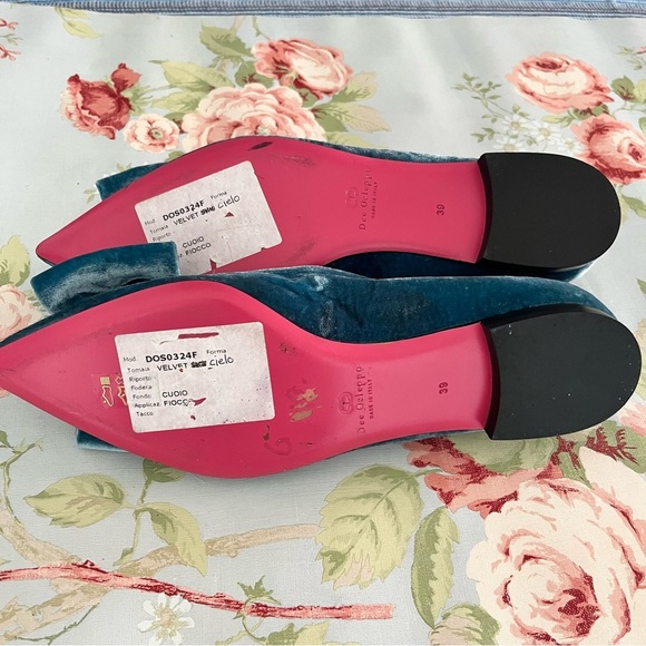 Dee Ocleppo Velvet Bow Teal Turquoise Blue Green Flat Pump Size 9 Leather - Picture 8 of 13